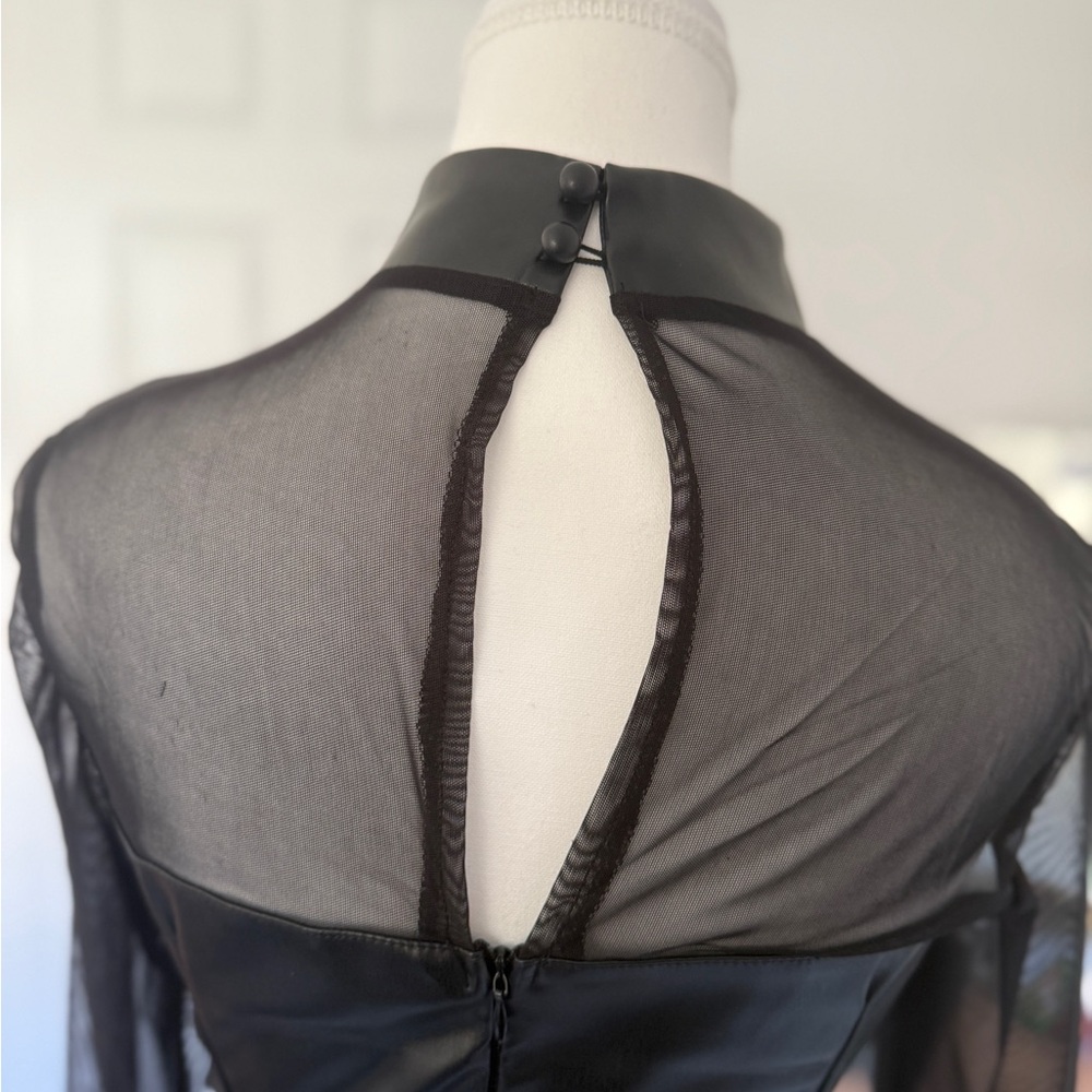 Black Faux Leather Mesh Long Sleeve Mini Dress Sheer Y2K Sexy Bodycon - Picture 5 of 5